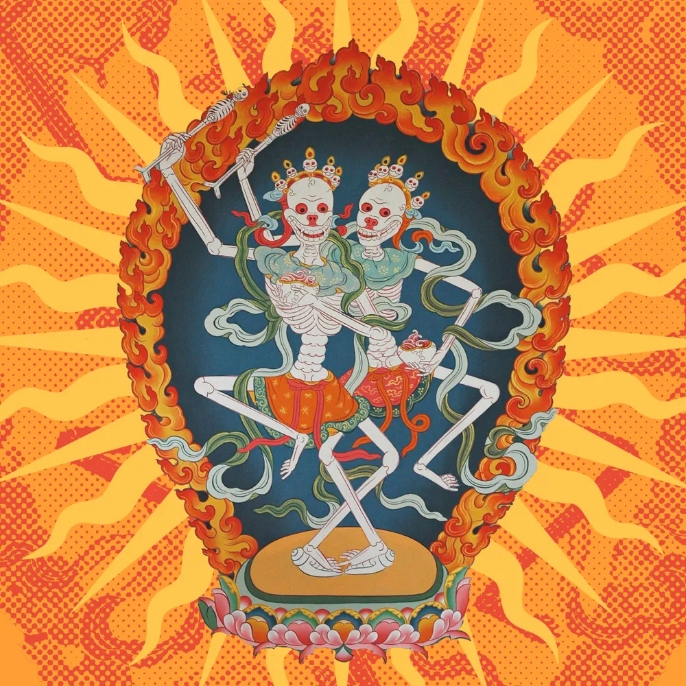 The Citipati, two dancing skeletons, framed by flames in a Tibetan painting